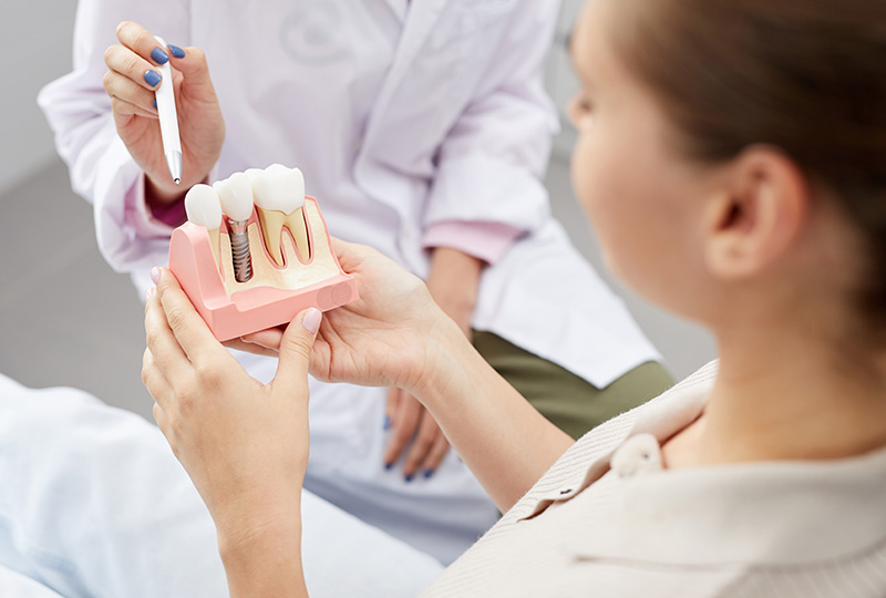 A dental professional holding up a model of a tooth with dental implants for a patient s examination.