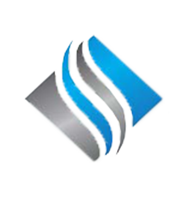 The image shows a logo with a stylized letter S inside a blue circle on the left side, accompanied by a white geometric design resembling a wave or an abstract symbol on the right side.